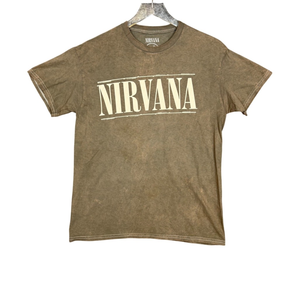 Nirvana Band Tee Mens Medium Brown T-Shirt Graphic Smiley Face Retro Grunge NWOT